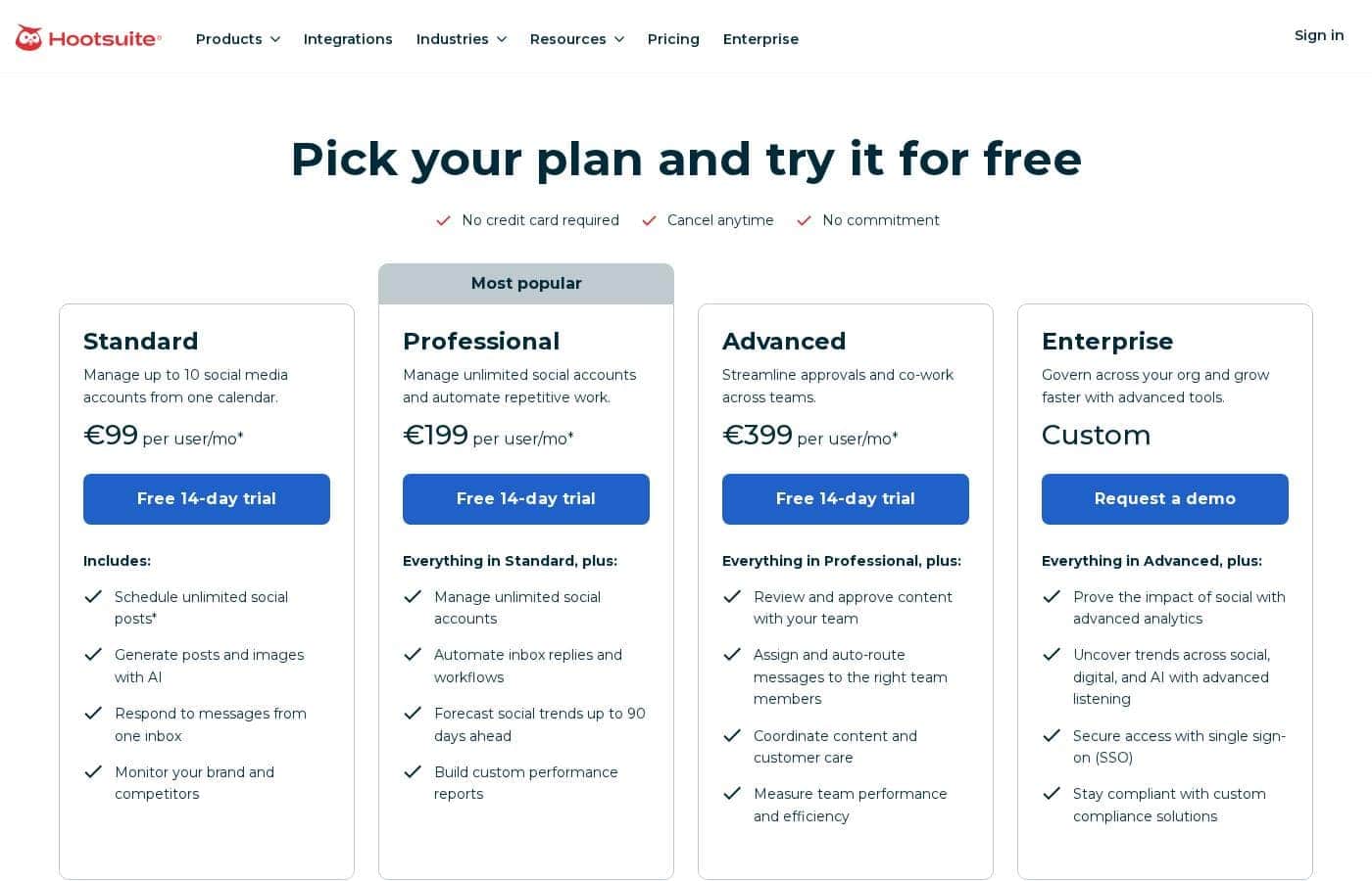 Hootsuite pricing page screenshot