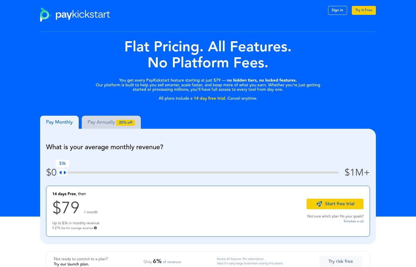 Captura de la página de precios de PayKickstart