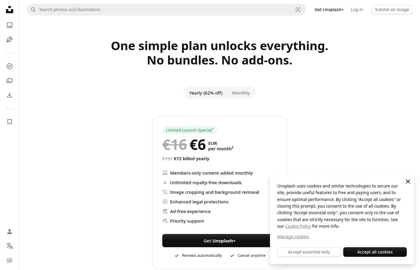 Capture d'écran de la page tarifs de Unsplash