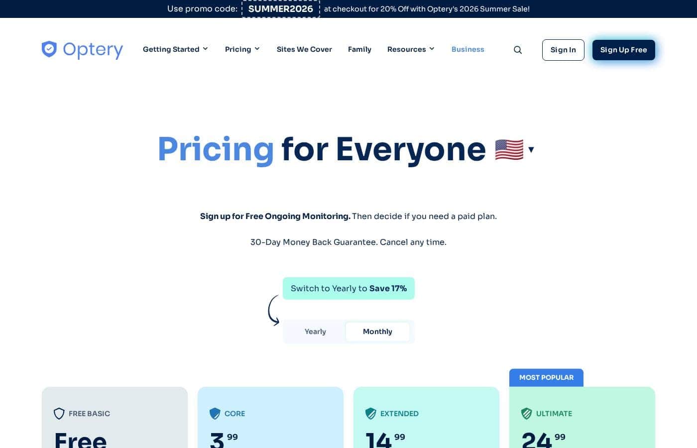 Optery pricing page screenshot