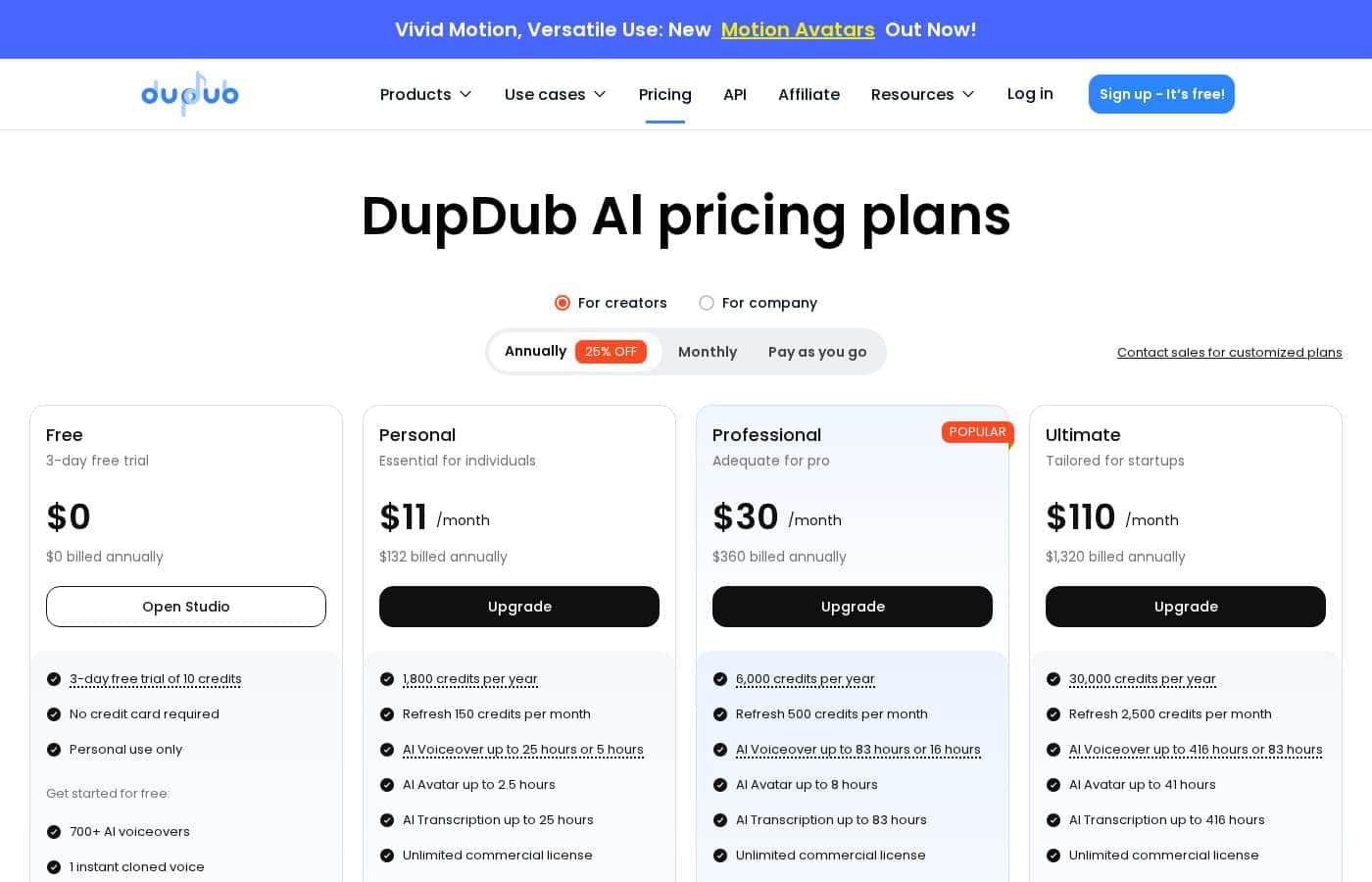 ภาพหน้าจอหน้าราคาของ DupDub