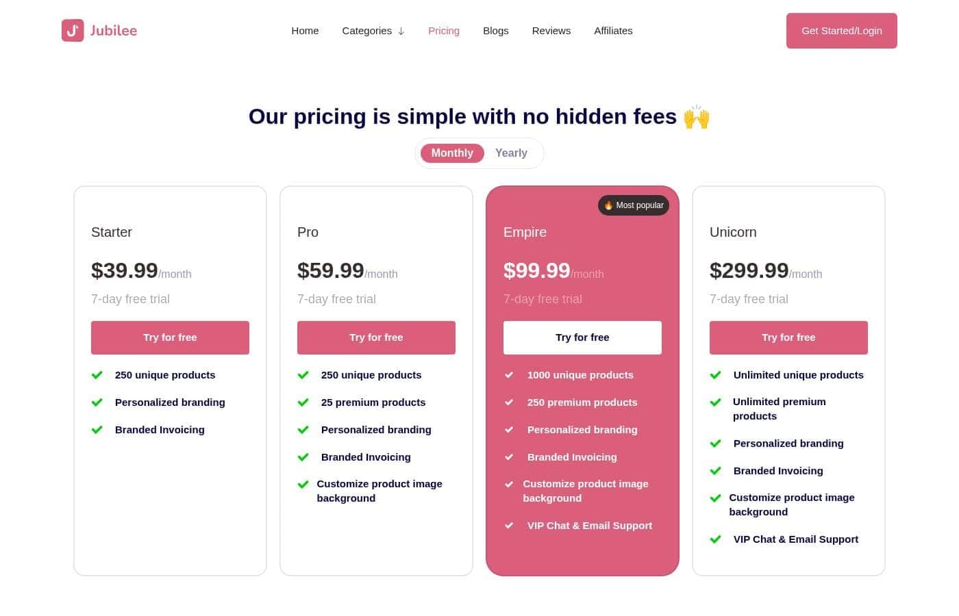 Jubilee pricing page screenshot