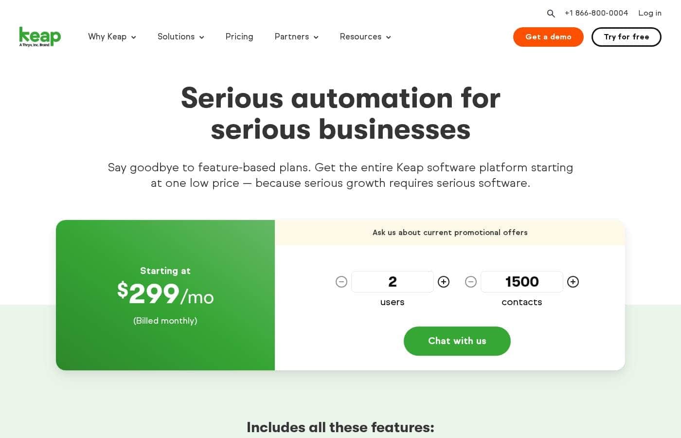 Keap pricing page screenshot