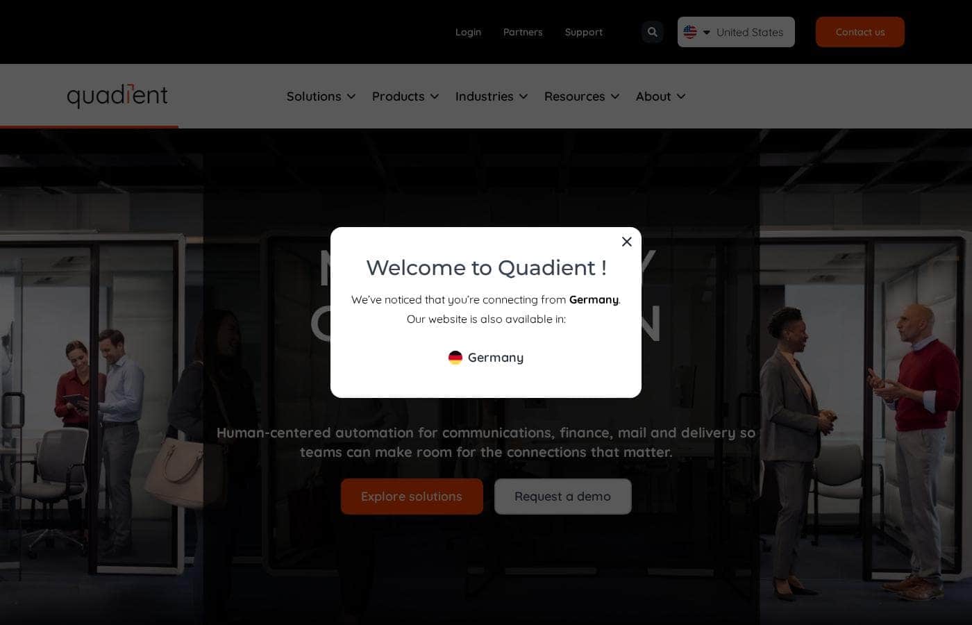 Capture d'écran de la page d'accueil Quadient