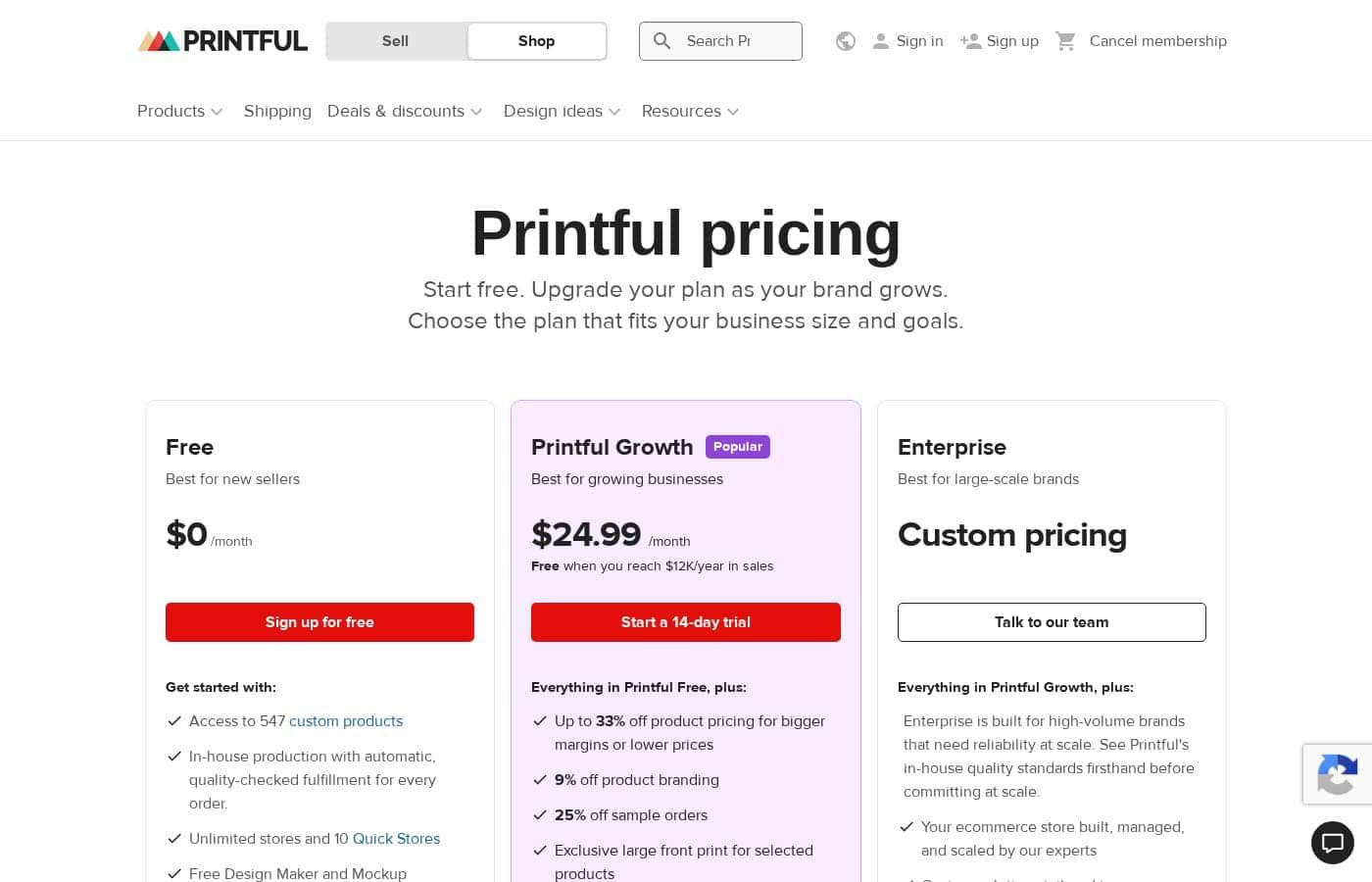 Printful pricing page screenshot