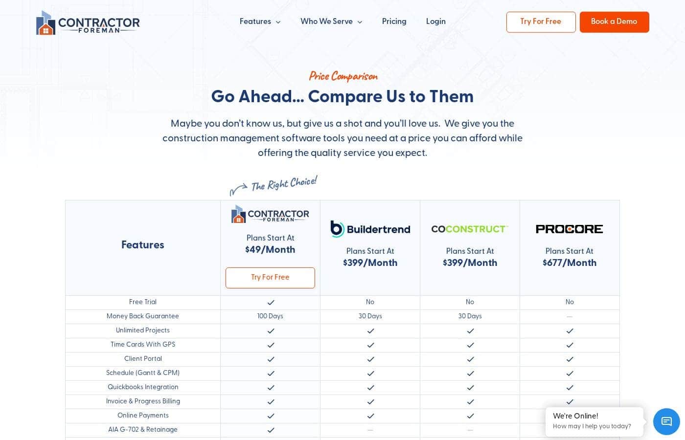 Contractor Foreman pricing page screenshot