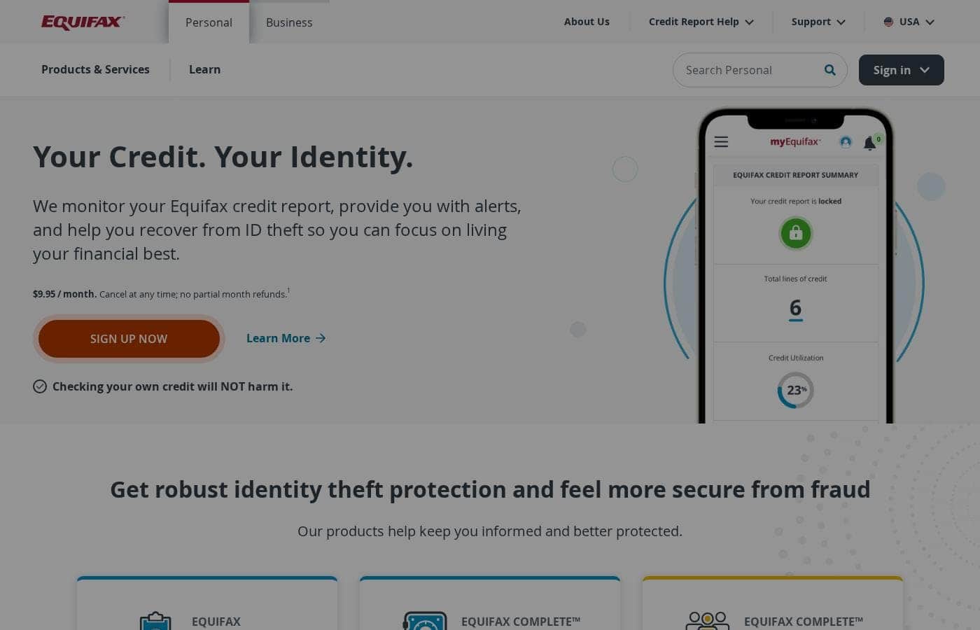 Equifax homepage screenshot
