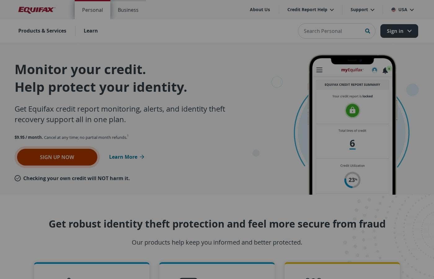 Equifax pricing page screenshot