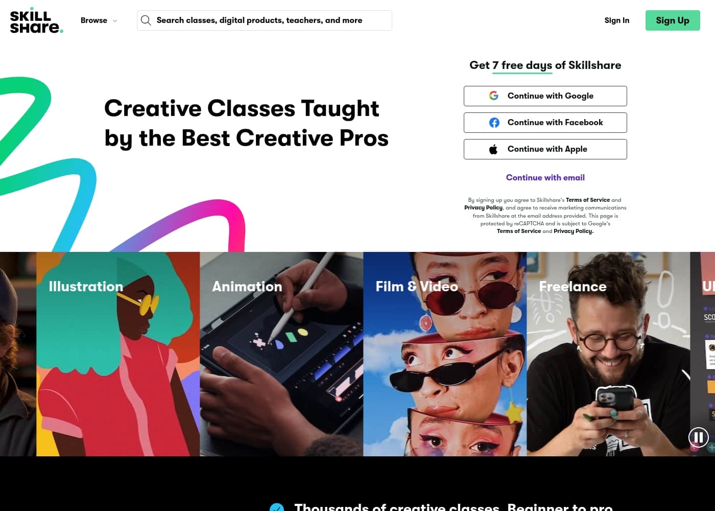 SkillShare homepage screenshot