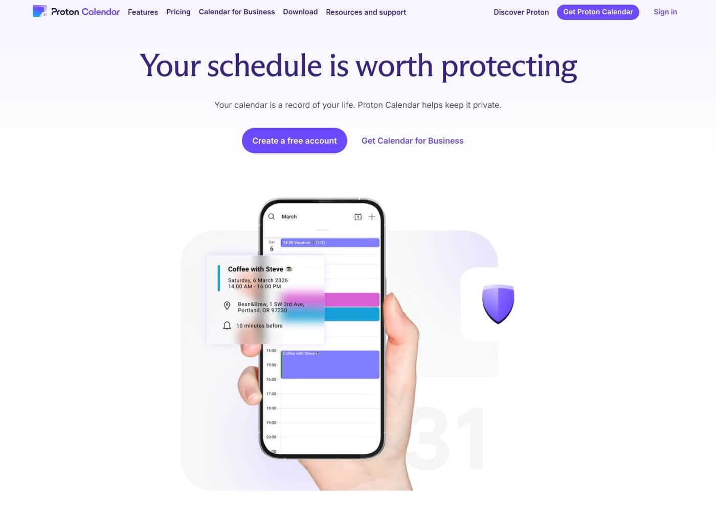 Proton Calendar homepage screenshot