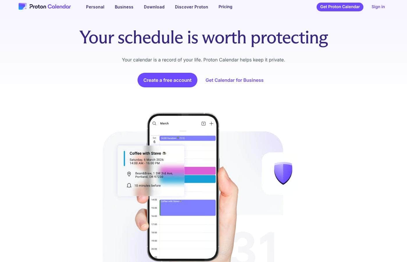 Proton Calendar homepage screenshot