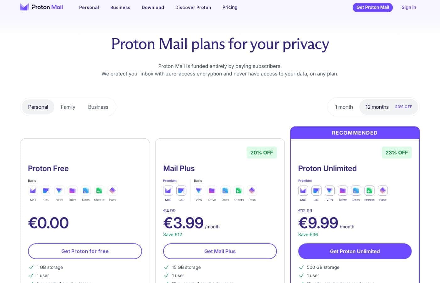 Proton Calendar pricing page screenshot