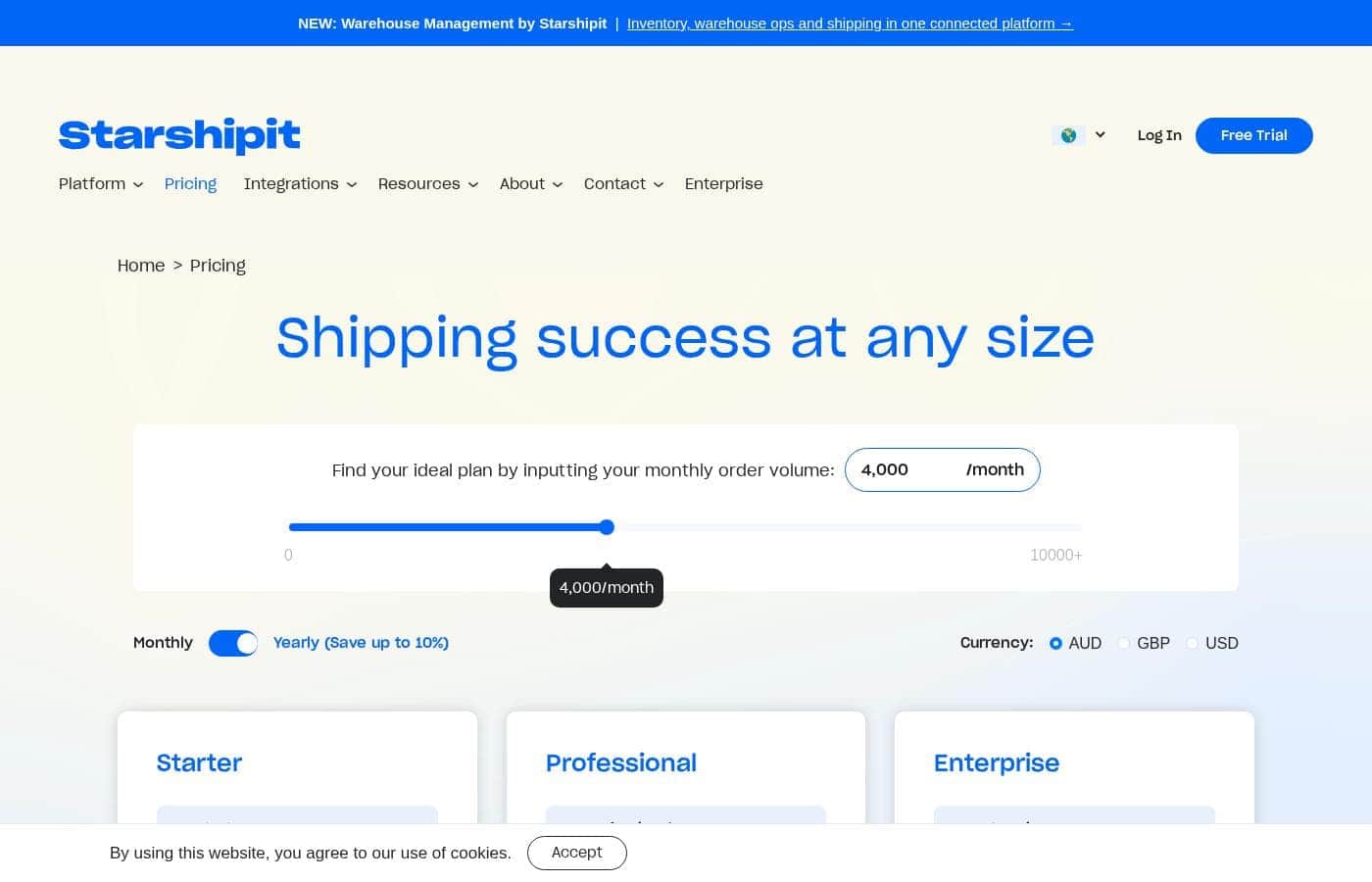 Starshipit pricing page screenshot