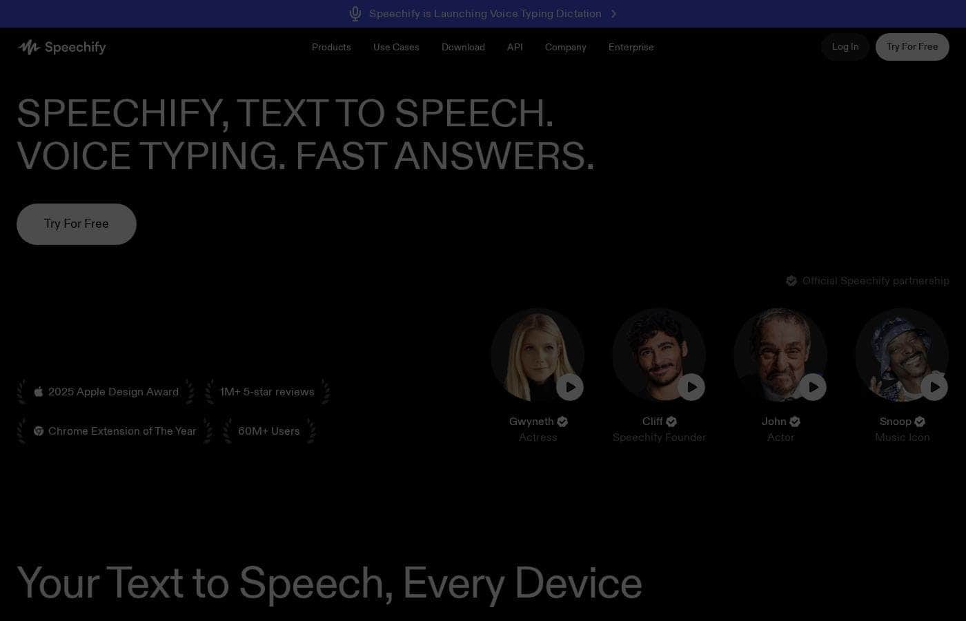Screenshot della homepage di Speechify