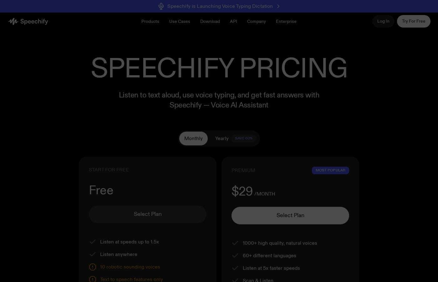 Screenshot della pagina prezzi di Speechify