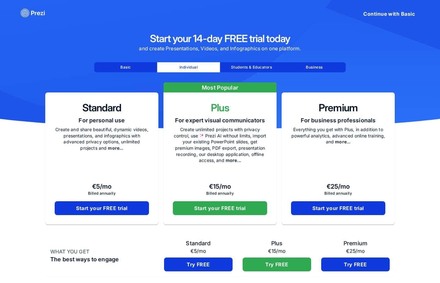 Prezi pricing page screenshot