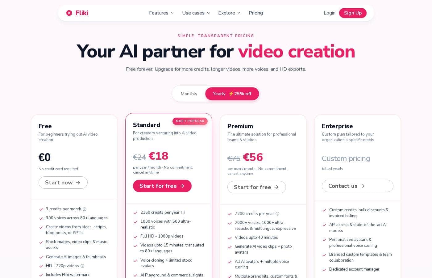 Fliki pricing page screenshot