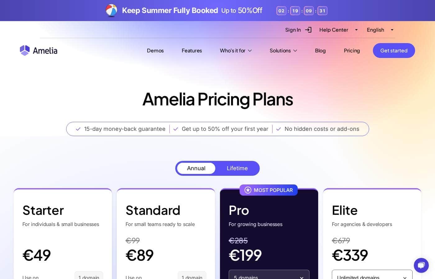 Amelia pricing page screenshot