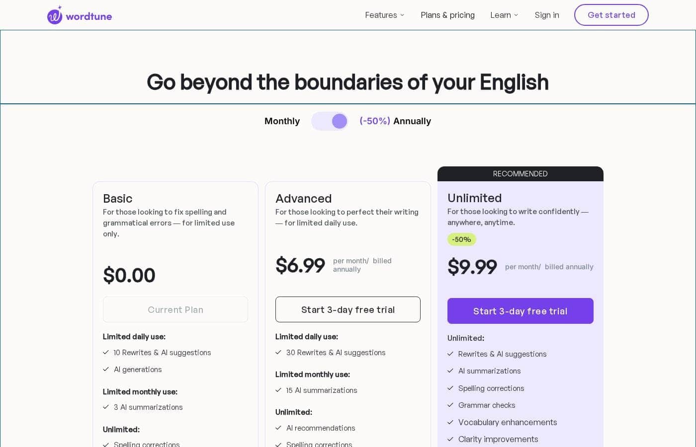 Wordtune pricing page screenshot