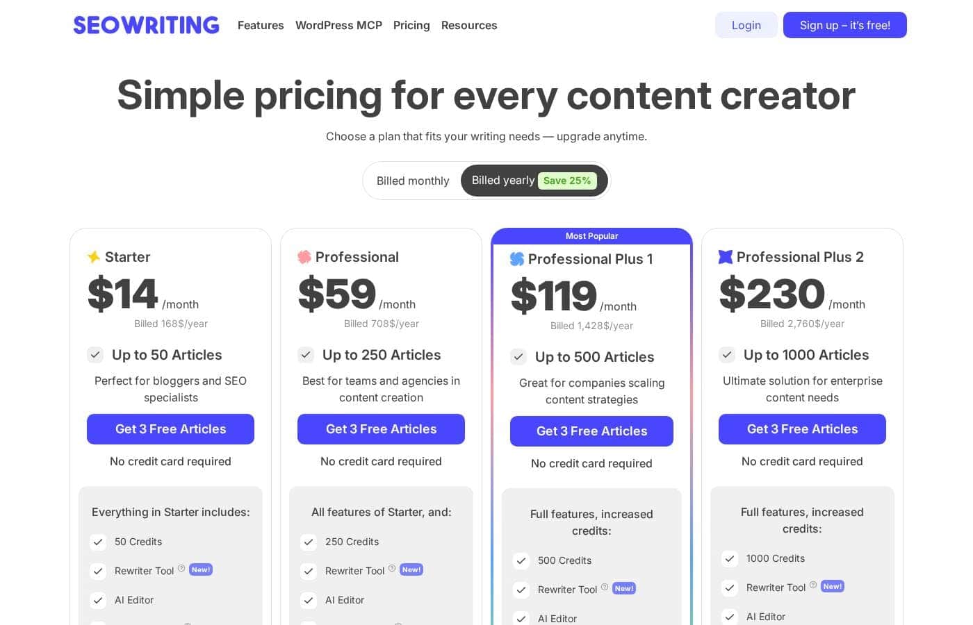 Captura de la página de precios de SEOWriting