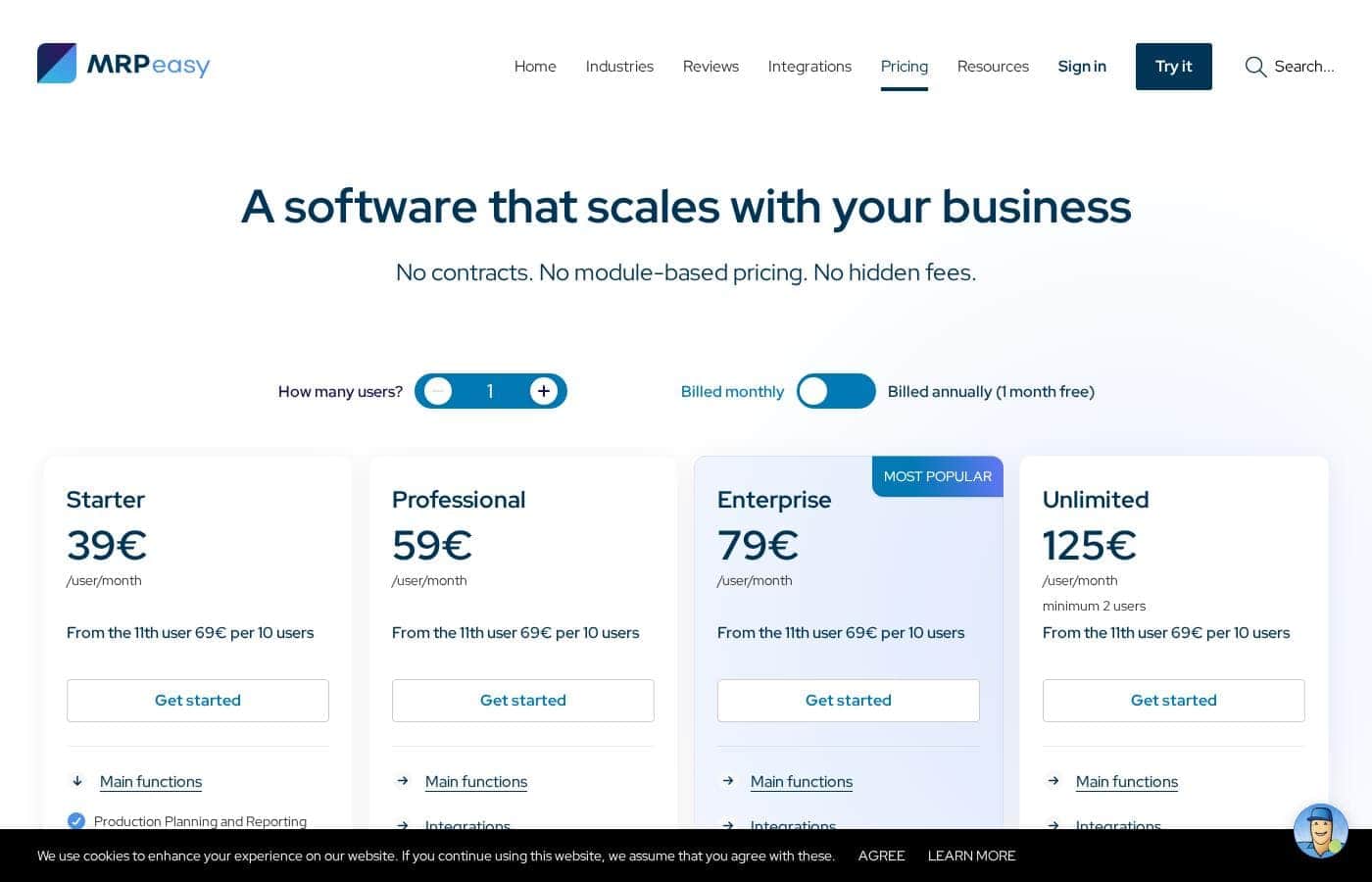 MRPeasy pricing page screenshot