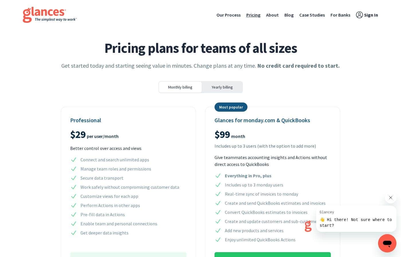 Glances pricing page screenshot