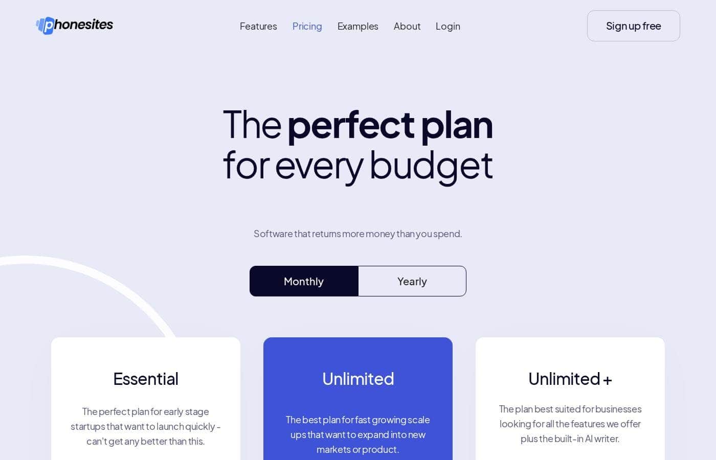 Phonesites pricing page screenshot