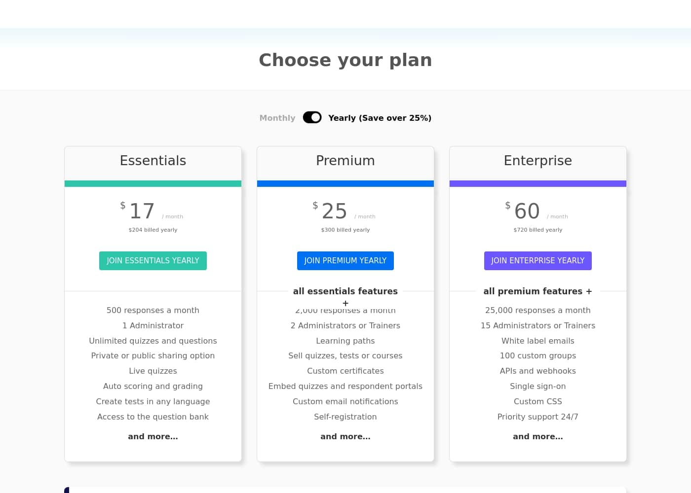 Capture d'écran de la page tarifs de FlexiQuiz
