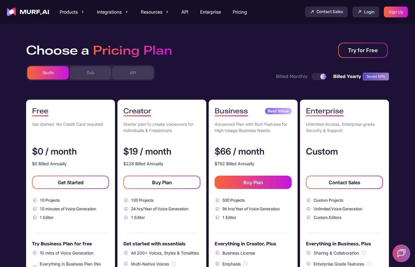 Murf AI pricing page screenshot