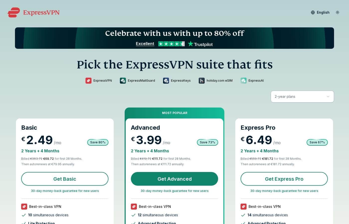 ExpressVPN pricing page screenshot