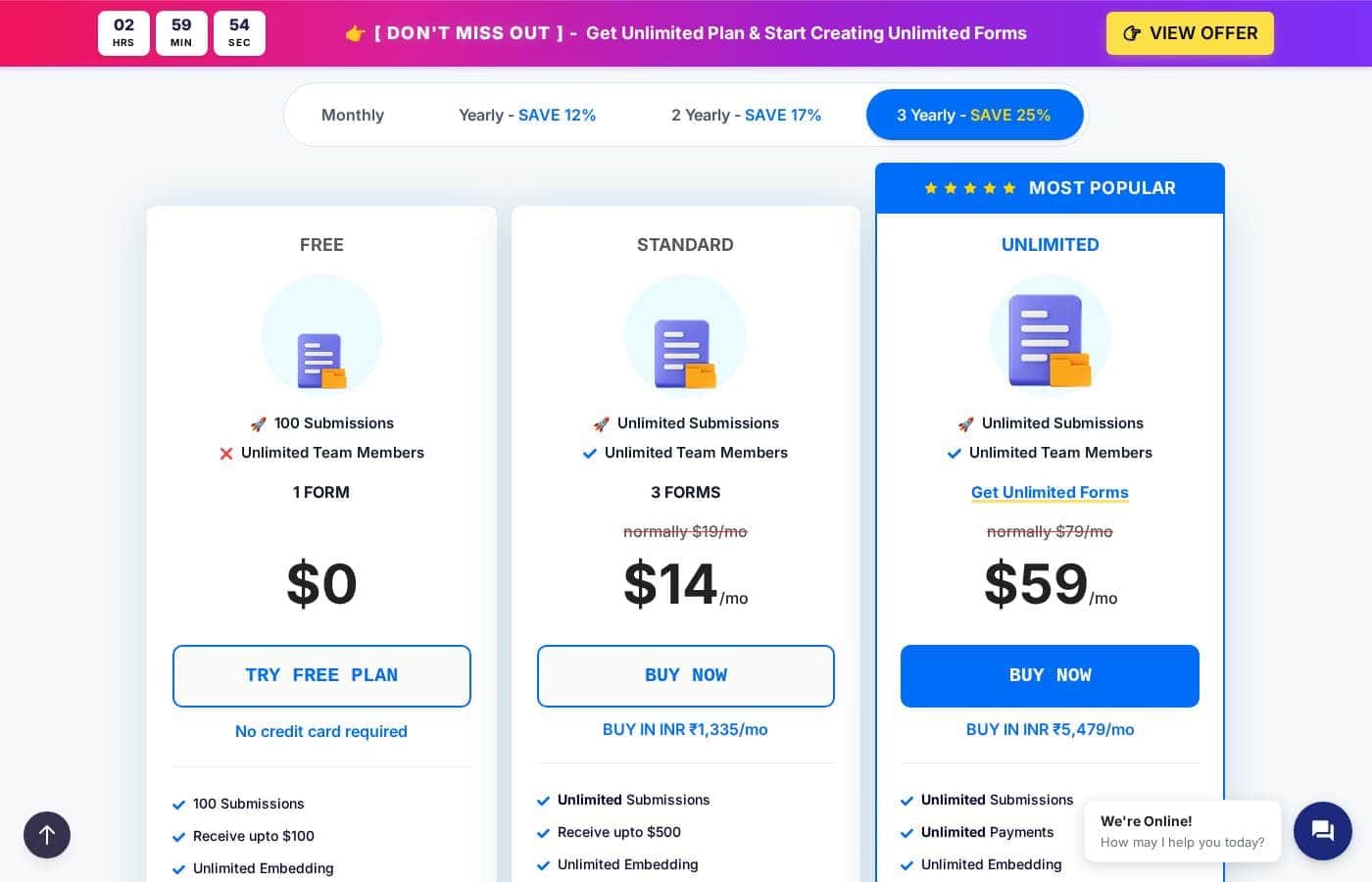 Capture d'écran de la page tarifs de Pabbly Form Builder