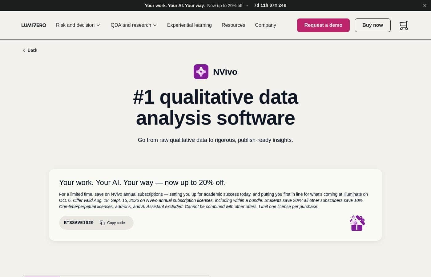 NVivo 가격 페이지 스크린샷
