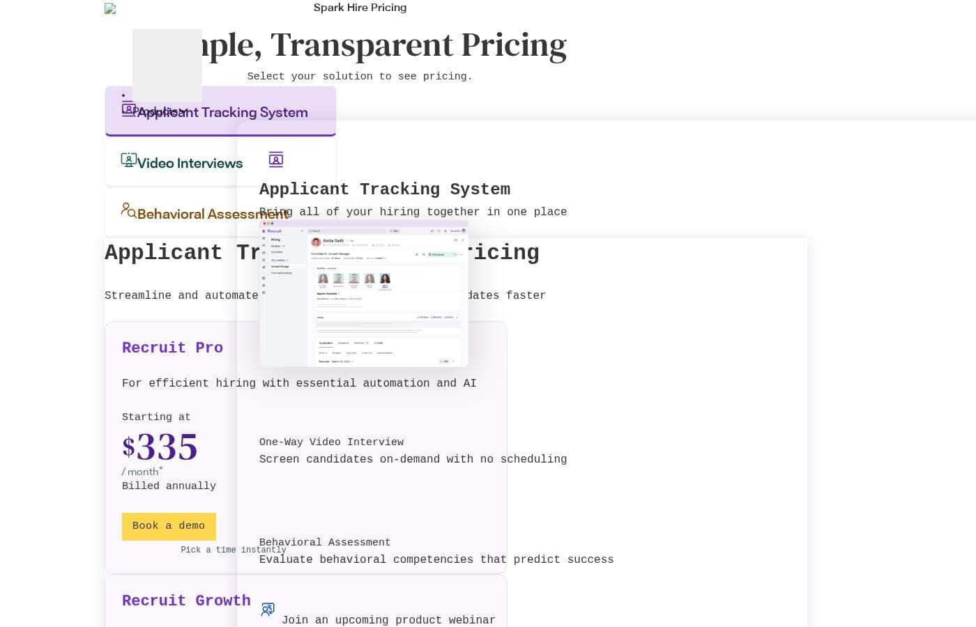 Spark Hire pricing page screenshot