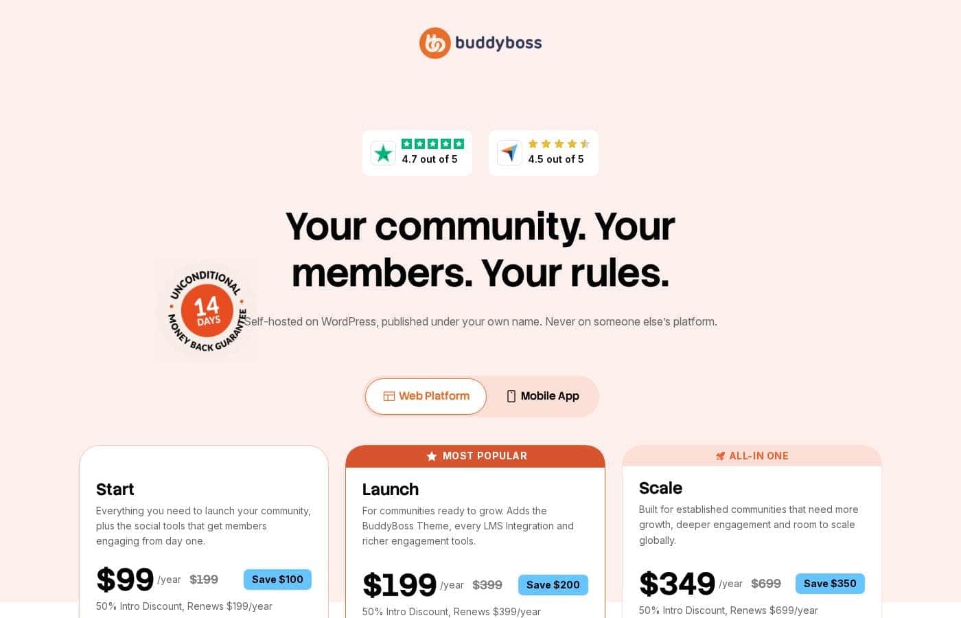 BuddyBoss pricing page screenshot