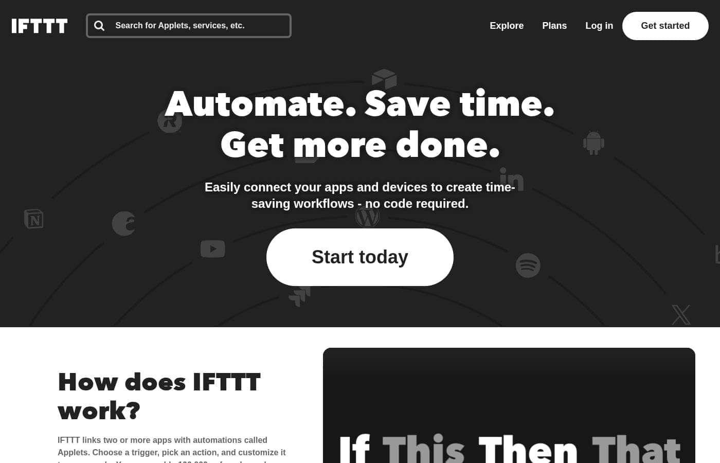 Captura de pantalla de la página de inicio de IFTTT