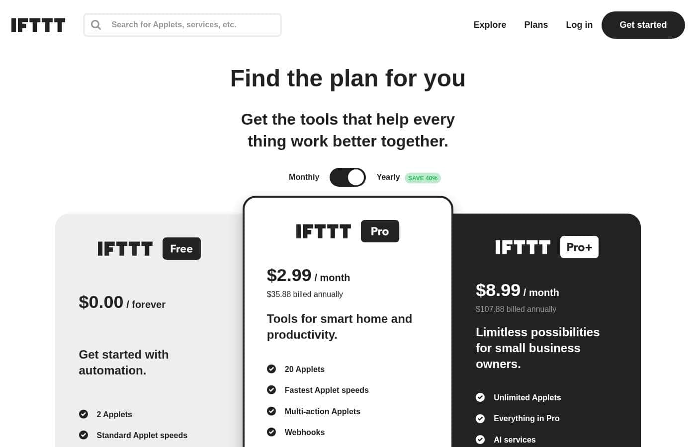 Captura de la página de precios de IFTTT