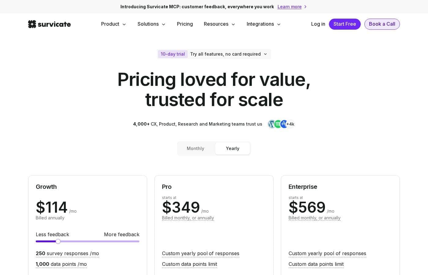 Survicate pricing page screenshot