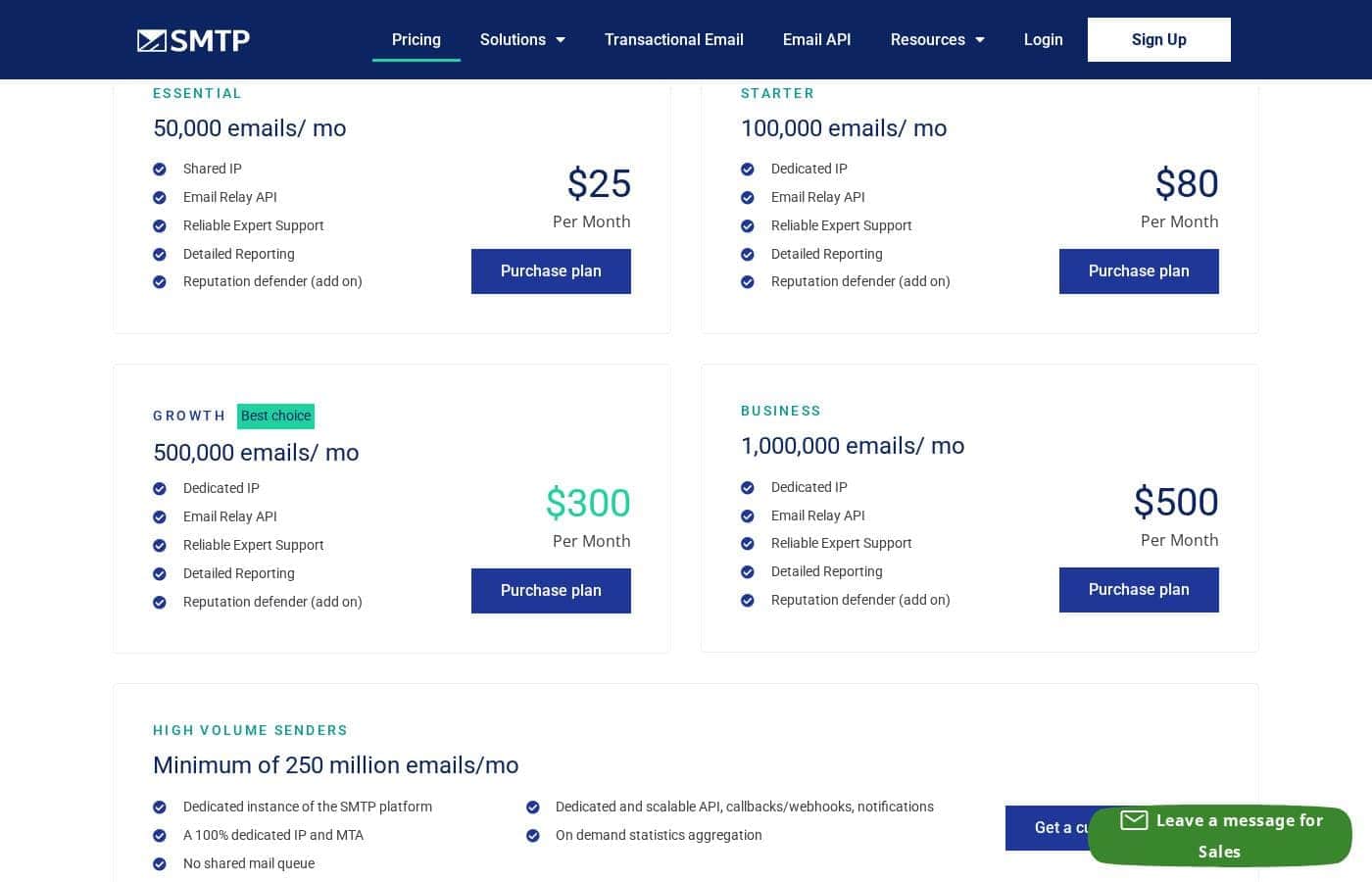 SMTP.com pricing page screenshot