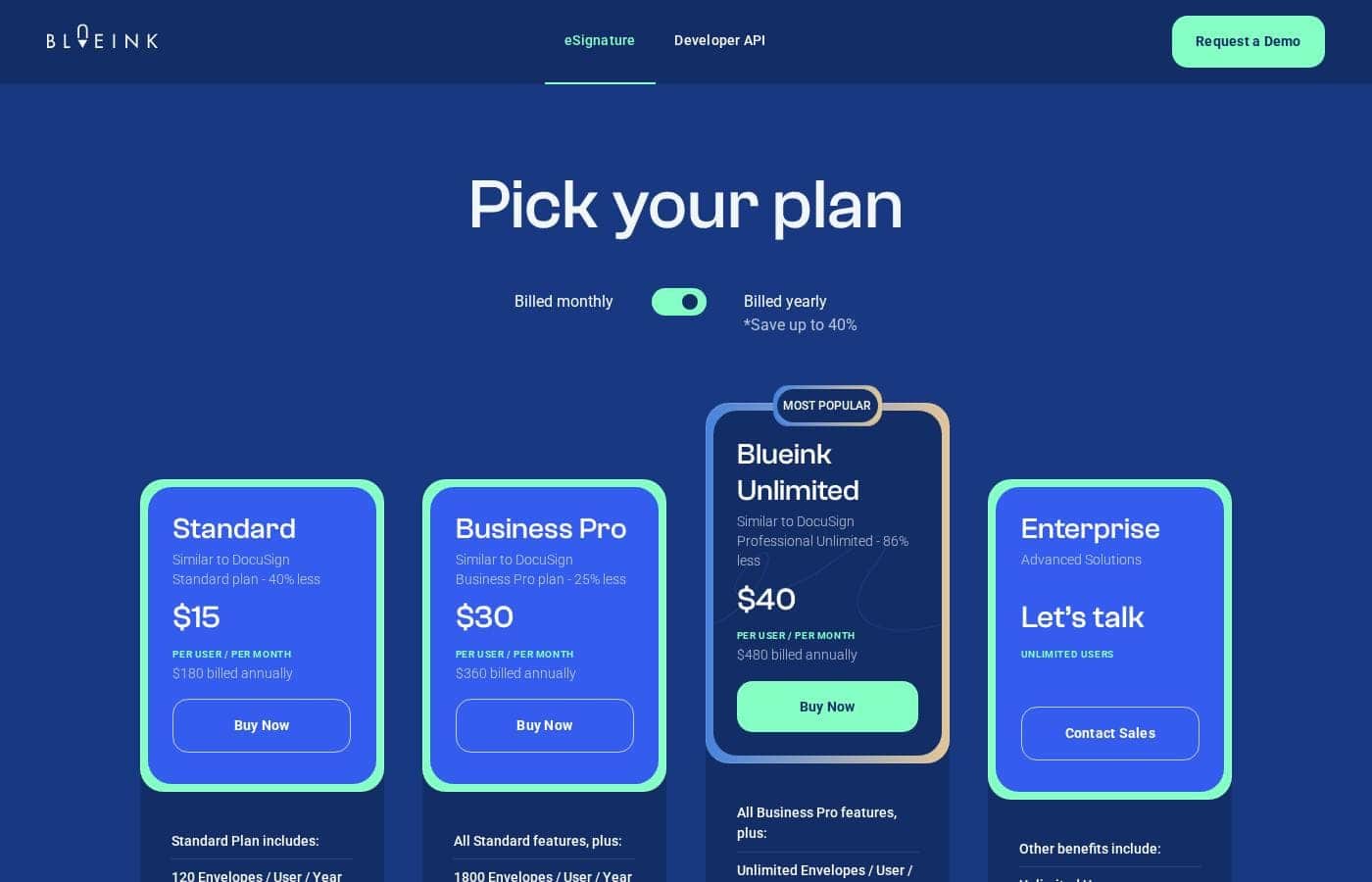 Captura de la página de precios de Blueink