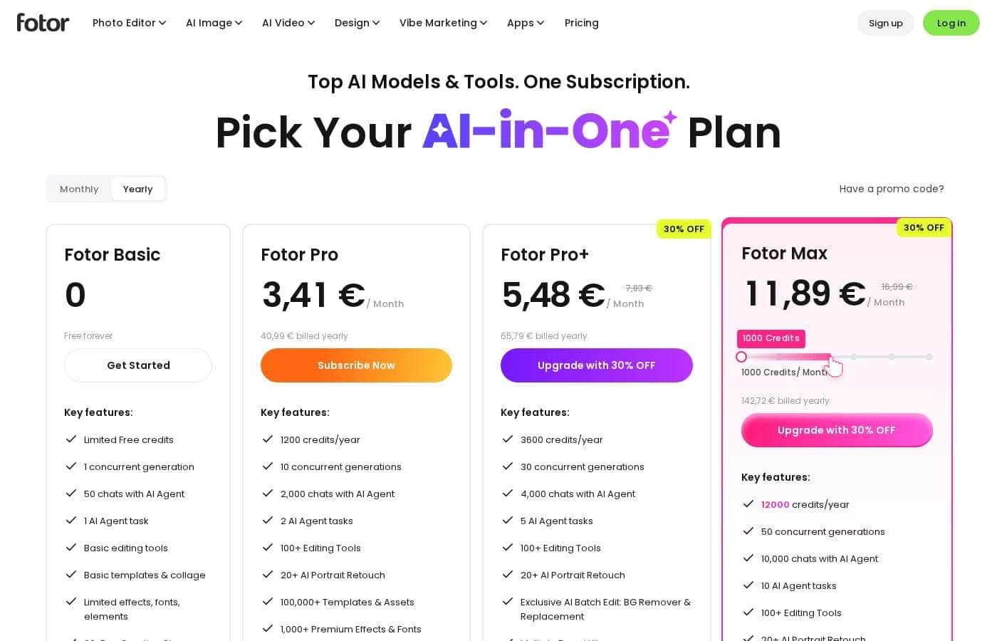 Fotor pricing page screenshot