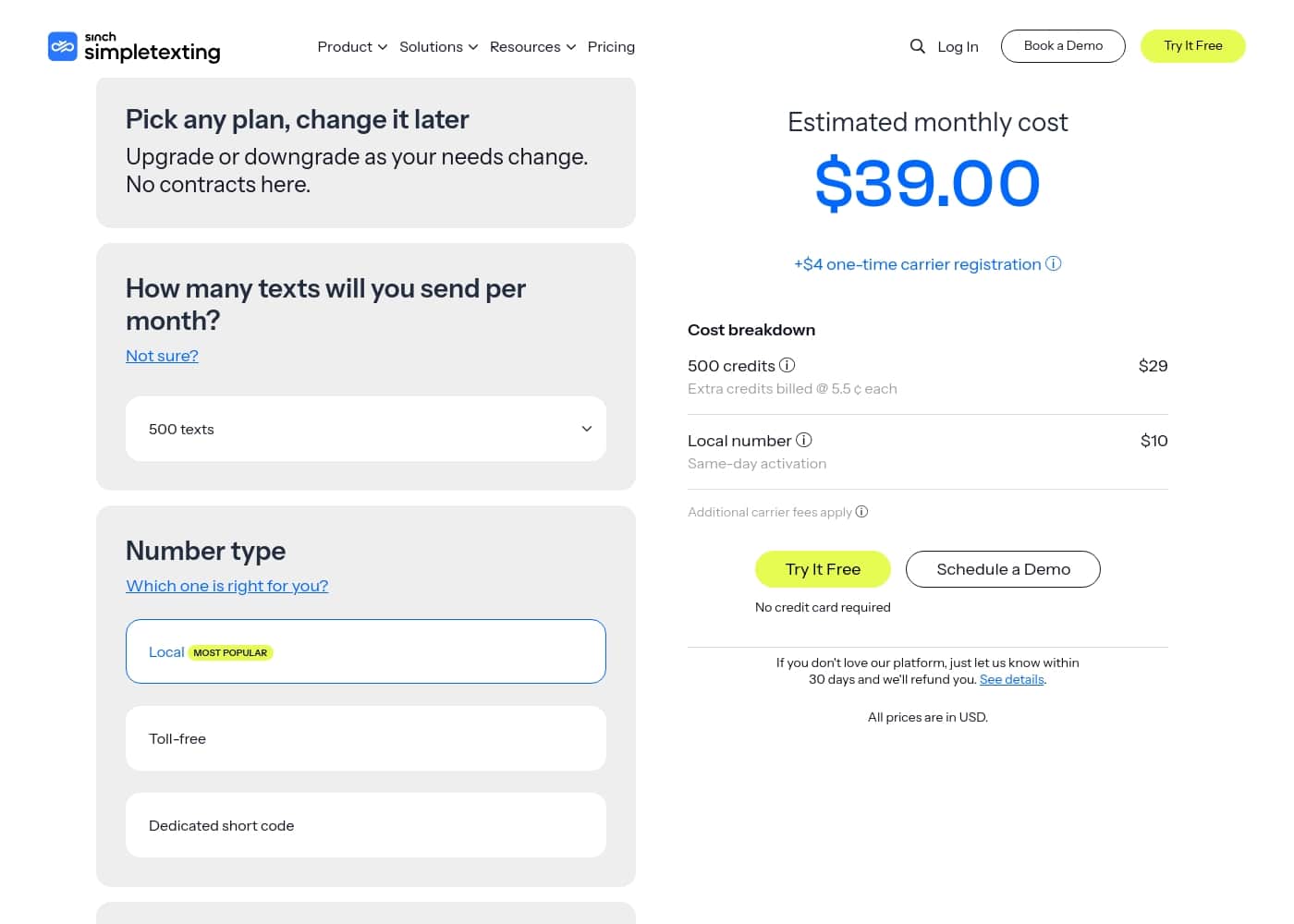 SimpleTexting pricing page screenshot