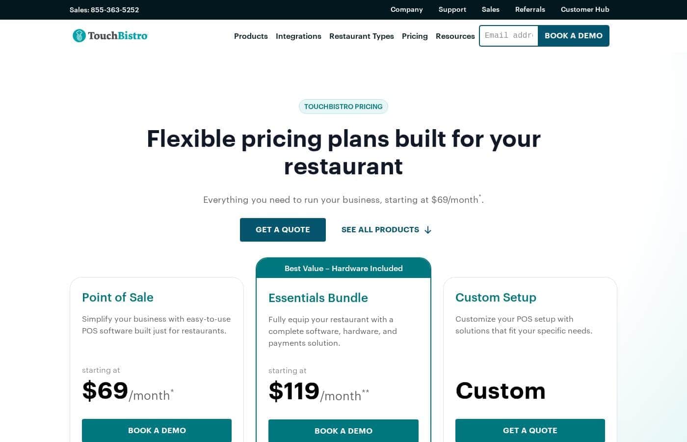 TouchBistro pricing page screenshot