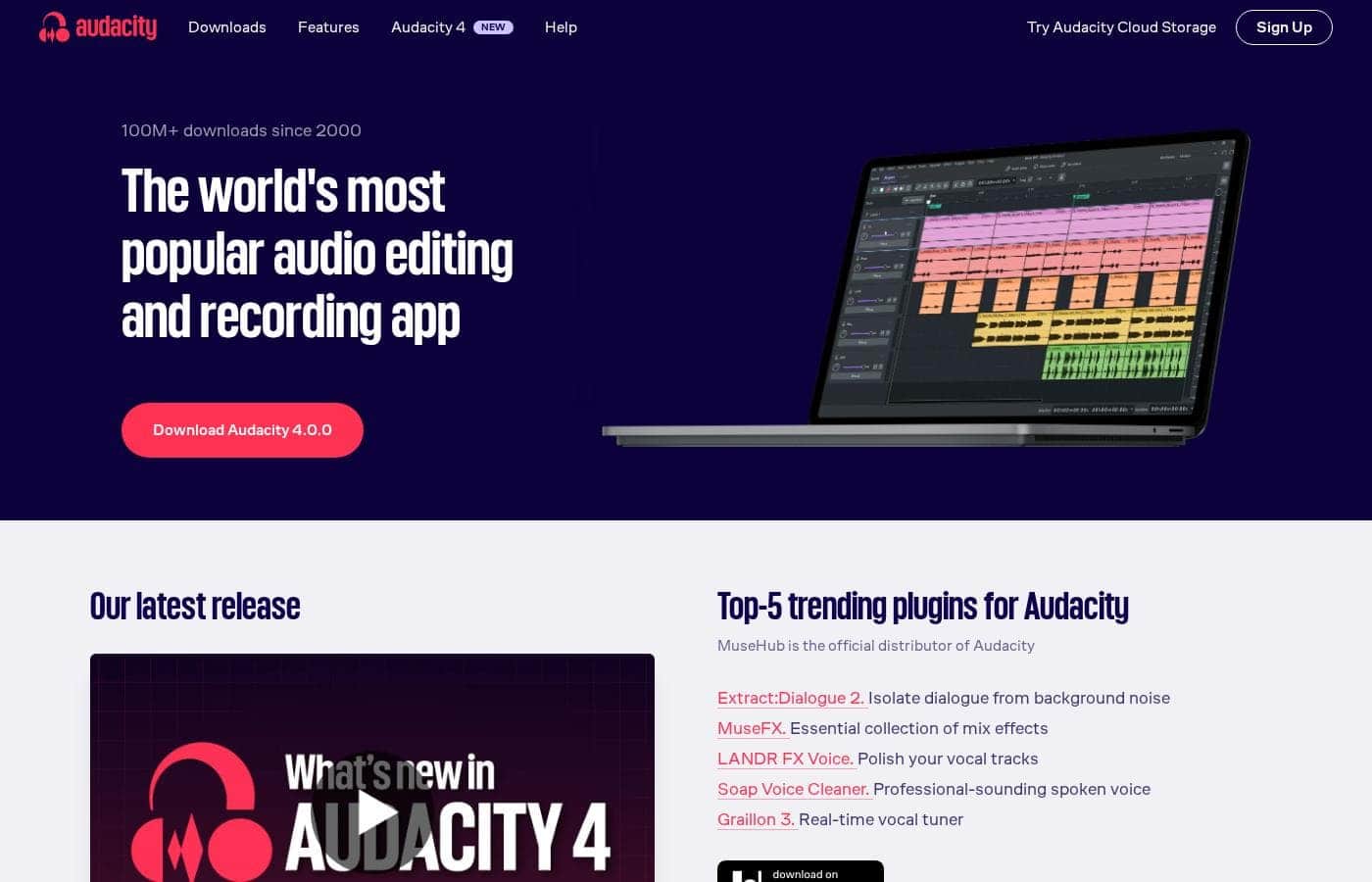 Screenshot della homepage di Audacity