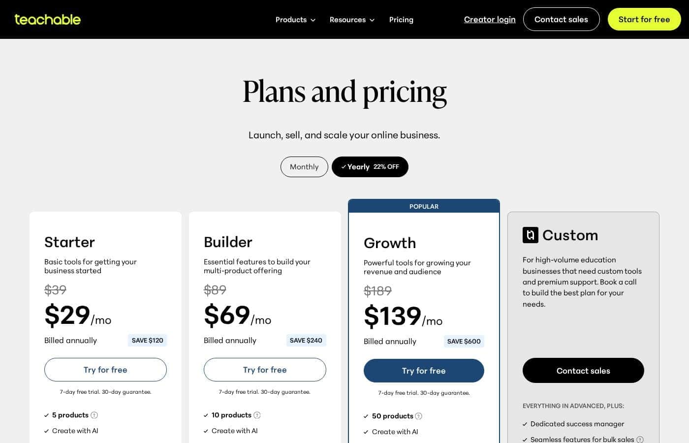 Teachable pricing page screenshot