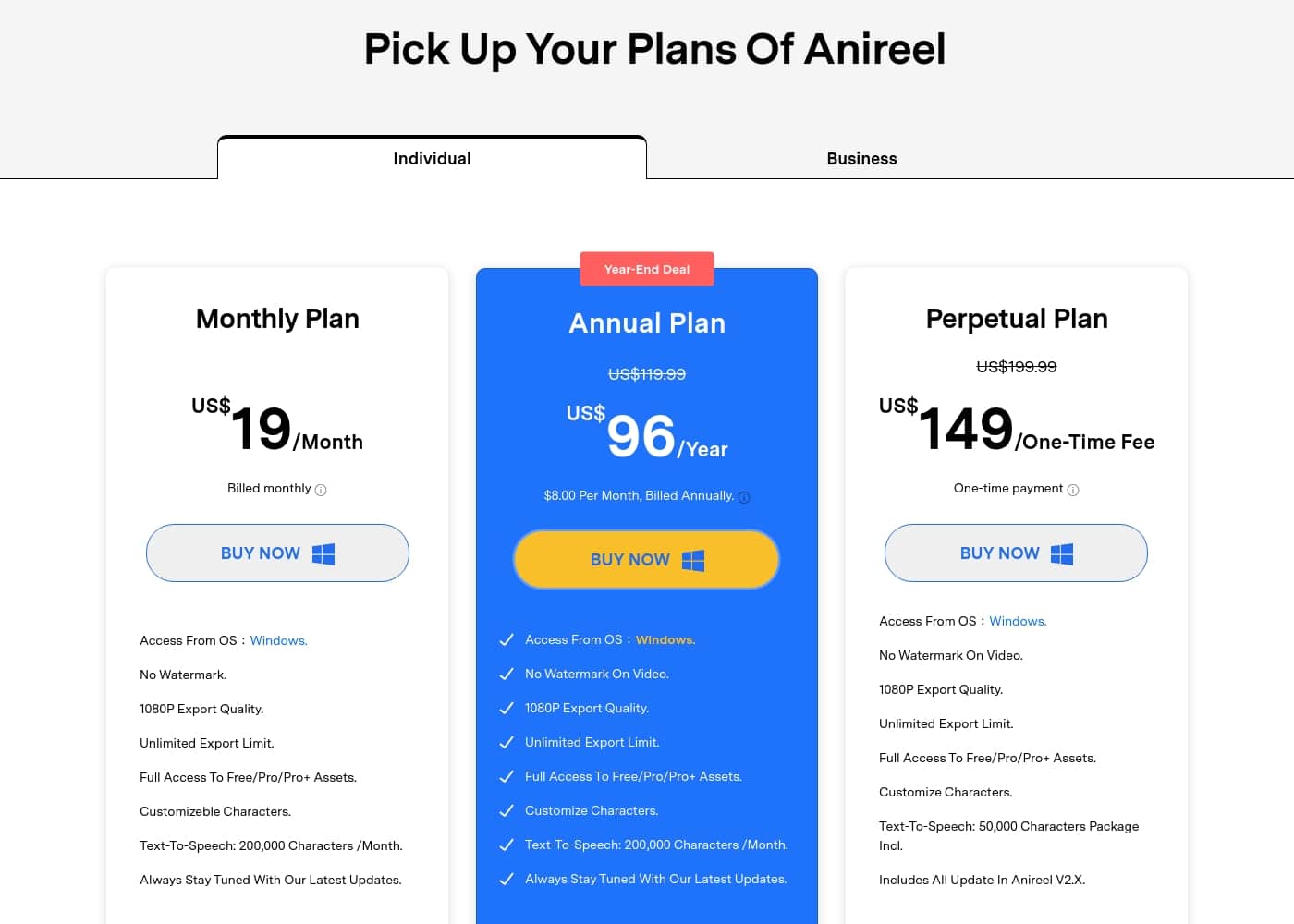 Anireel pricing page screenshot