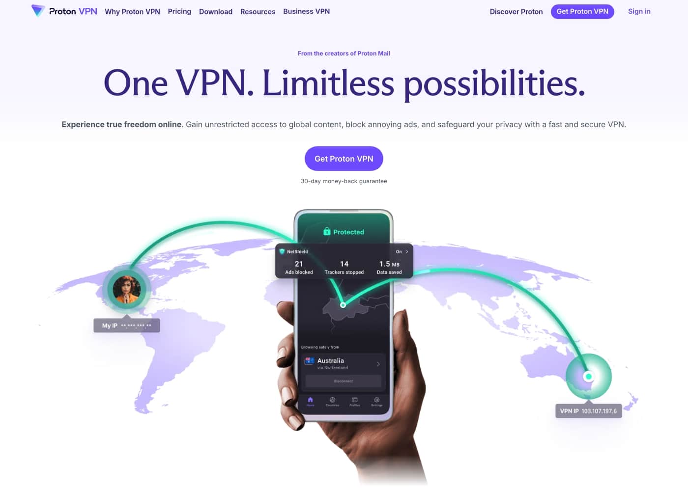 Zrzut ekranu strony głównej Proton VPN