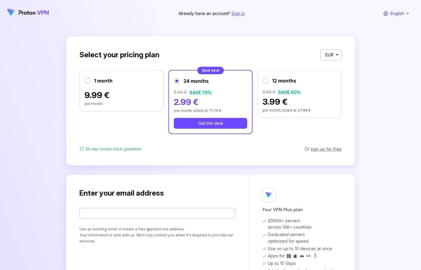 Proton VPN pricing page screenshot
