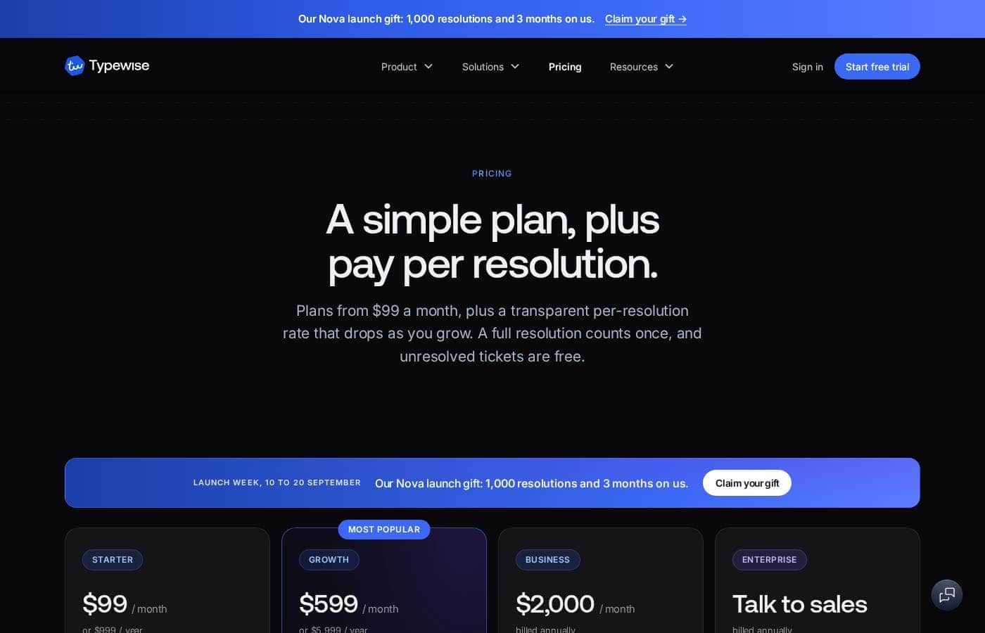 Typewise pricing page screenshot