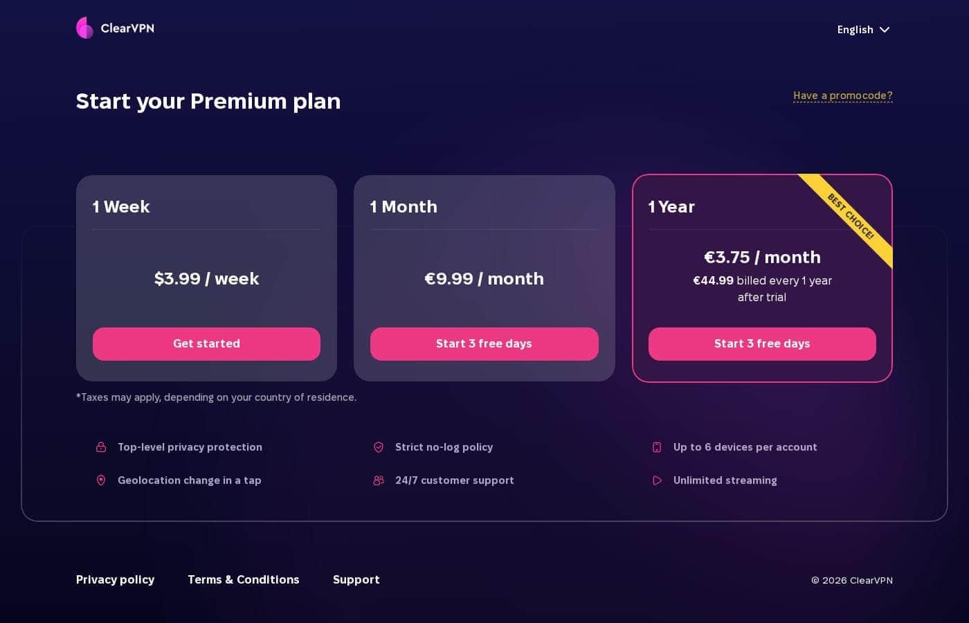 ClearVPN pricing page screenshot