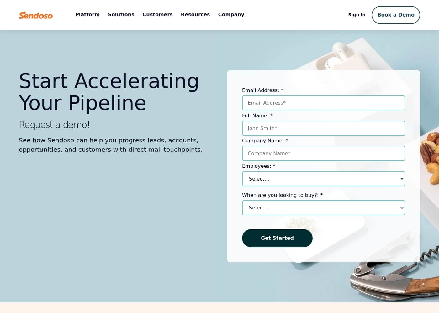 Screenshot della homepage di Sendoso